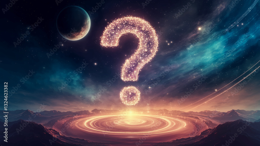 Aufkleber glowing question mark formed by sparkling particles floats above an alien landscape, symbolizing mys