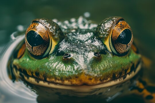 Green Frog Face Close-Up in Water with Big Golden Eyes