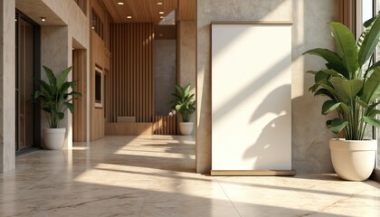 Fototapeta premium Modern hotel lobby interior with marble floor, indoor plants and blank rollup banner. Mockup template for ad. Stylish contemporary minimalist design. Commercial space with empty billboard near plants.