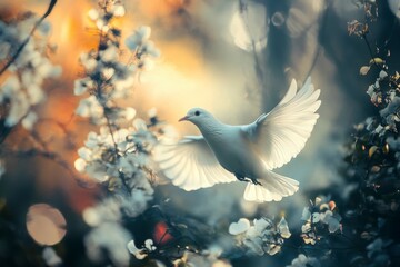 Fototapeta premium White Dove in Flight Amongst Blossoming Branches - Symbol of Peace, Serenity
