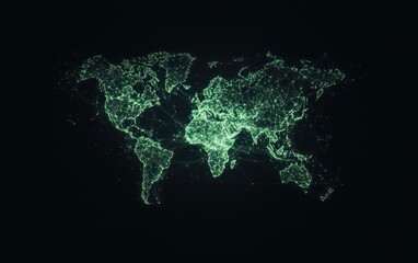 Glowing Green Particle World Map Abstract