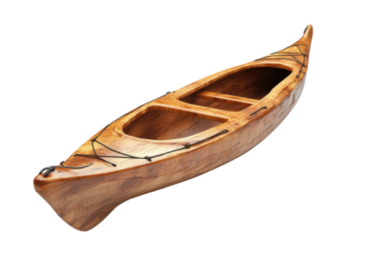 Handcrafted wooden kayak showcasing intricate design and craftsmanship in serene indoor setting isolated on transparent background