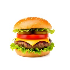 Close up of tasty burger isolated on white background. french fries and the burger with meat, cooking a burger at home. junk fast food.