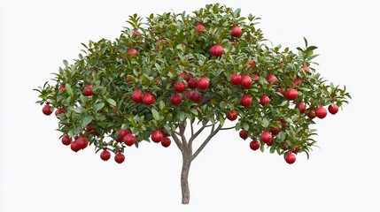 Lush pomegranate tree, ripe fruit, white background, garden design