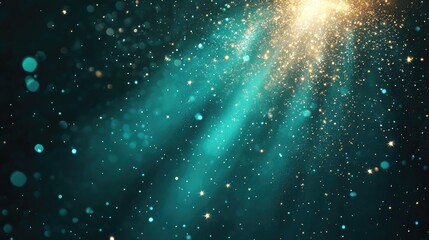 Ethereal cosmic light beams with sparkling particles in a teal and gold galaxy. Saint Patrick's Day, St Paddy's Day, St Patty's Day - Irish National Holiday and Cultural Celebration