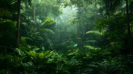 Fototapeta premium Lush Green Tropical Rainforest With Sunlight Shining Through Dense Foliage And Tree Canopy