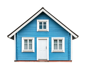 Charming blue wooden house with white accents, cut out