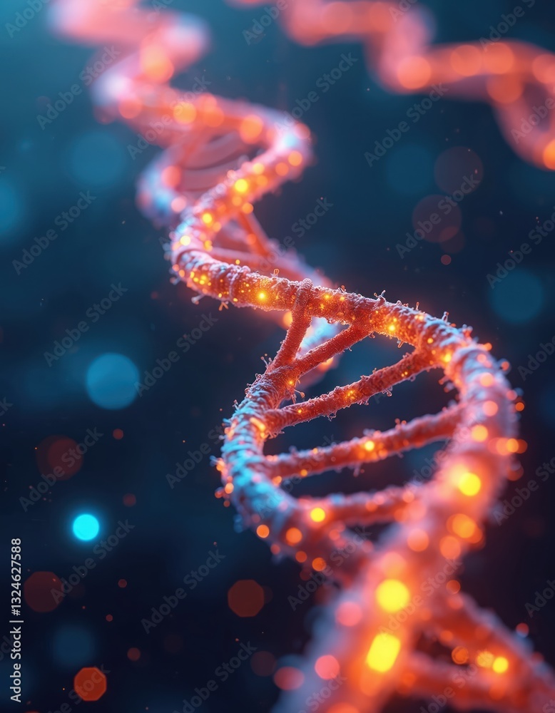 Poster Glowing DNA strands on sci-fi background. Chains structure. Dynamic, innovative tech design. Showcase of futuristic action, address social challenges, inspire improvement. Visual aesthetic vision of