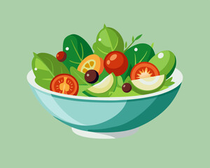 bowl of fresh green salad with cherry tomatoes and olives, on a light green background