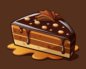 slice of rich chocolate cake with dripping ganache, on a dark brown background.