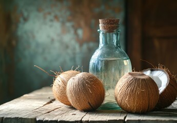 Glass Bottle with Cork Cap Next to Whole and Half Coconuts on a Rustic Wooden Table Surrounded by Natural Elements and Soft Light
