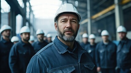 Confident foreman in factory with team.