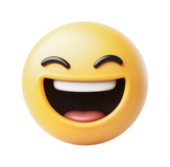 Fototapeta premium Bright yellow laughing emoji with closed eyes and open mouth, cut out