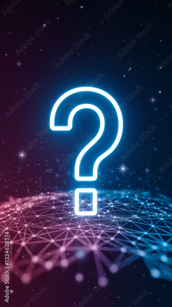 Poster glowing neon question mark on a dark, interconnected network background, symbolizing inquiry, uncert