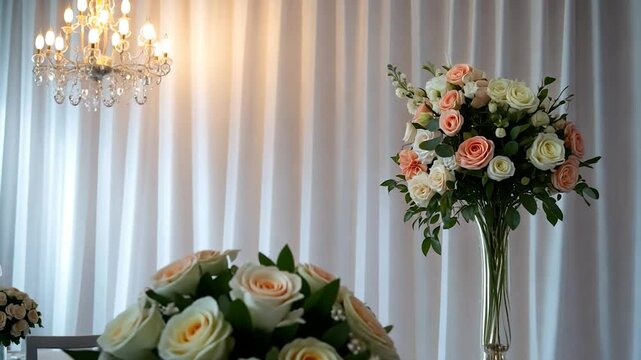Elegant floral arrangement in a well-lit room with a chandelier and soft drapery backdrop