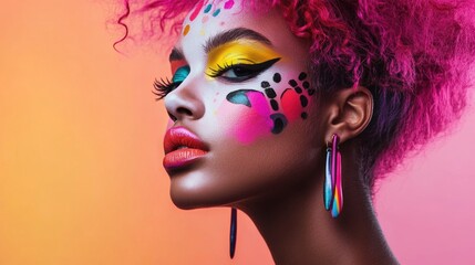 Obraz premium Young african woman with colorful artistic face paint and vibrant pink hair