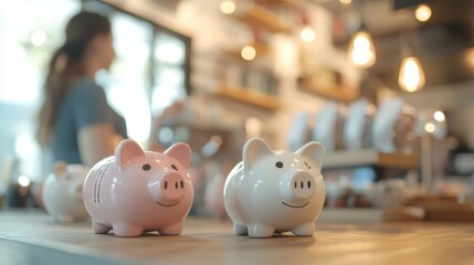 Obraz premium Piggy Banks Saving Money Coffee Shop Background