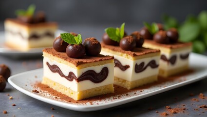 A close-up photo of a plate of chocolate mousse cake. The cake has multiple layers of white mousse, chocolate cake, and chocolate ganache.