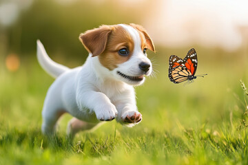 Cute puppy chasing a butterfly while trying to catch it, close-up