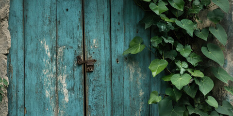 A weathered wooden door adorned with faded blue paint
