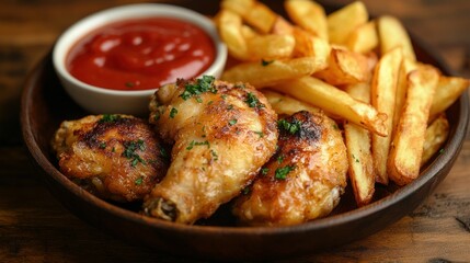 Crispy Chicken Drumsticks and Fries on Wooden Plate