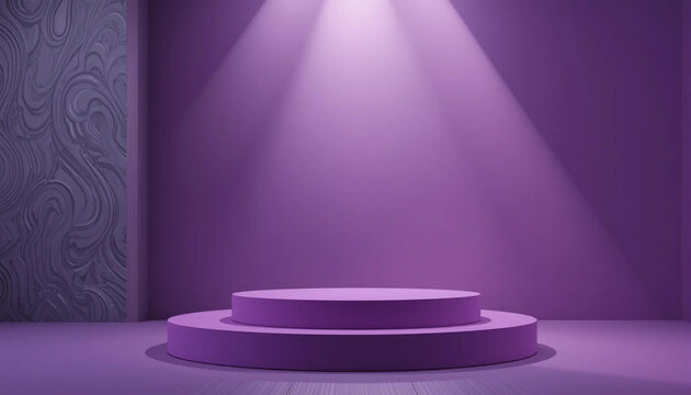 Platforme circulare minimaliste iluminate dramatic, decorate &icirc;n nuanțe de violet pentru prezentare de produse, expoziții și aranjamente scenice