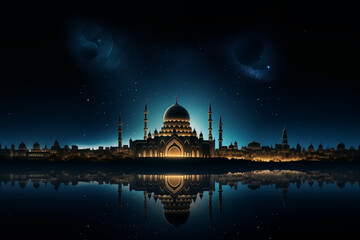 Obraz premium A frame of a grand mosque silhouette beneath a luminous Ramadan crescent