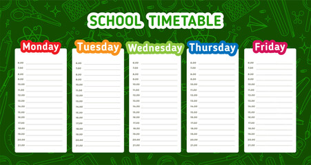 Colorful school timetable template with weekly schedule from Monday to Friday. Includes time slots for organizing subjects and activities, students,planner,educational materials.Vector illustration