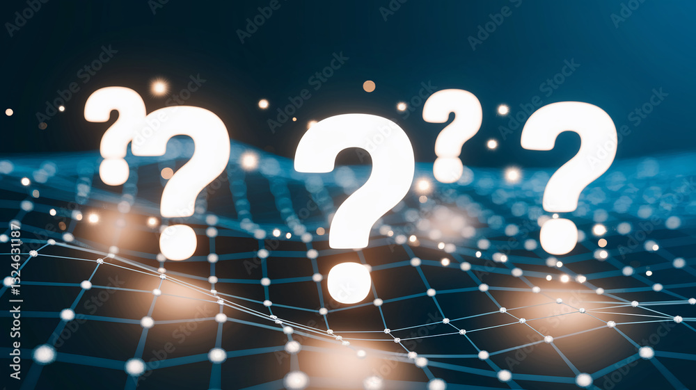 Poster glowing question marks float above a dark, gridded surface, symbolizing inquiry, uncertainty, or the