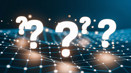 Glowing question marks float above a dark, gridded surface, symbolizing inquiry, uncertainty, or the search for knowledge in a digital landscape