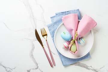 Easter food or table setting on white background.