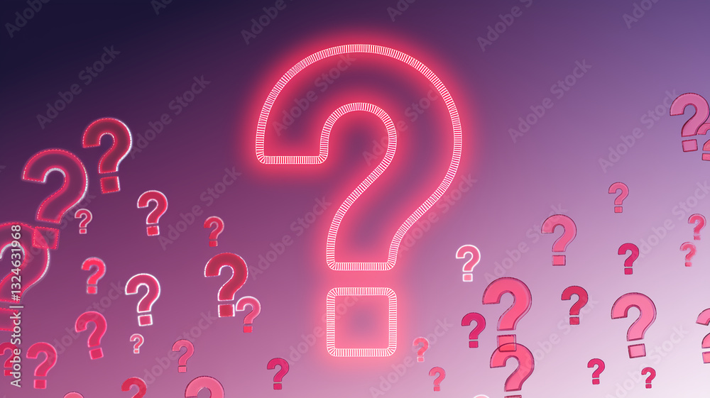 Poster Pink question marks on a gradient background, a large central question mark stands out, symbolizing inquiry, uncertainty, or the search for answers