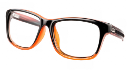 Sleek eyeglasses with a modern black and orange design, isolated on a transparent background.