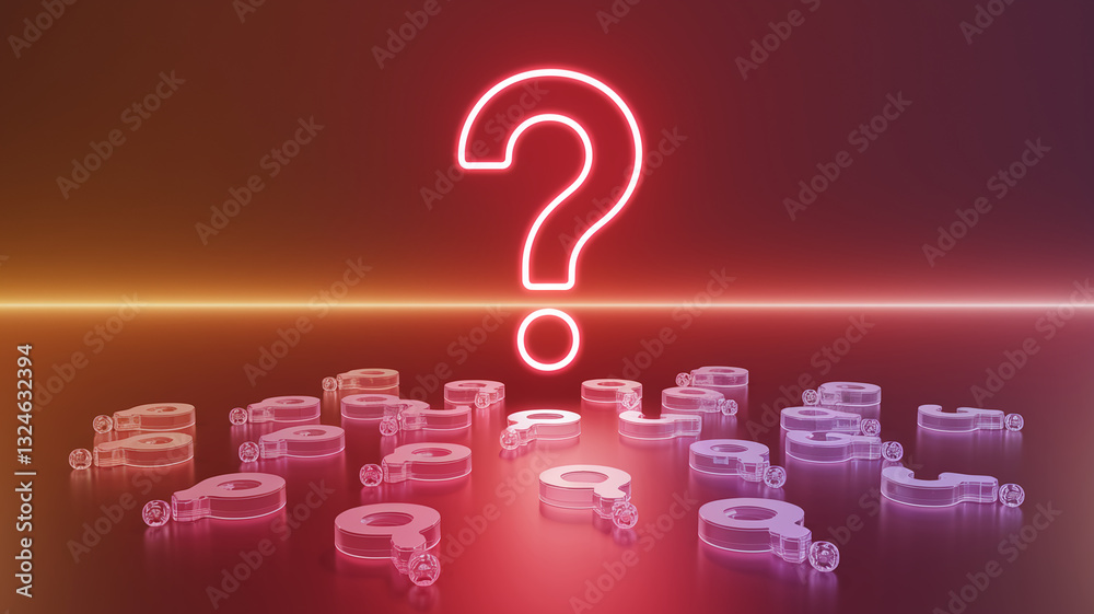 Poster Neon question mark glows above smaller glass question marks on a gradient red surface, symbolizing inquiry, uncertainty, or FAQ concept
