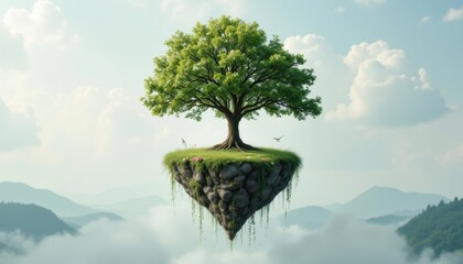 The ethereal landscape featured a floating tree island, suspended in midair surrounded by a gentle mist, with delicate flowers and vines cascading down from its branches