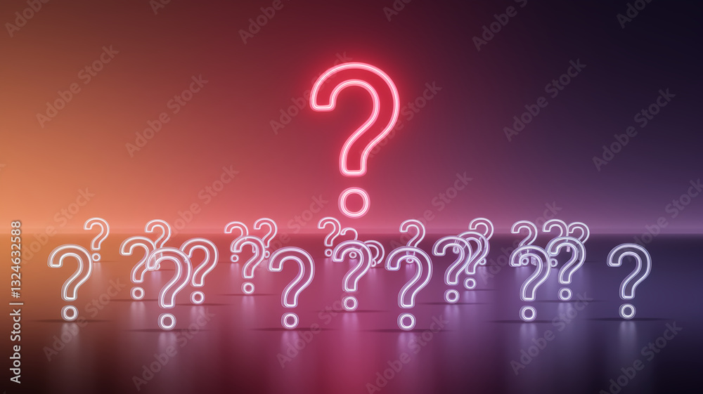 Poster Neon question marks on gradient background, one large red, others smaller white, symbolizing uncertainty, inquiry, or problem-solving