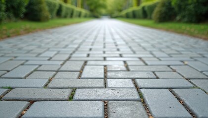 Fototapeta premium Perspective view of paved path through park. Concrete walkway with gray tiles. Landscaping design in nature, outdoor environment. Urban sidewalk in public exterior with blurred background.