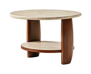 Round wooden coffee table with marble top and lower shelf, cut out
