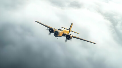 Vintage Yellow Airplane Soaring Through Dramatic Overcast Sky in Flight
