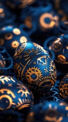 Intricate steampunk gear eggs with metallic design and warm lighting. Easter, Pascha, Paskha, Ostern, Pascua, Paques - Orthodox and Catholic Holiday celebration