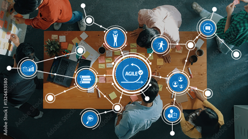 Poster agile concept in modern workspace with people collaborating on projects and utilizing sticky notes f