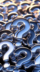 Obraz premium Close-up of numerous metallic question marks, shiny chrome texture, creating a dense, inquisitive visual, symbolizing uncertainty, questioning, and the search for answers.