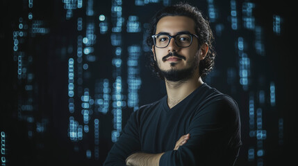 blockchain developer standing with futuristic digital background