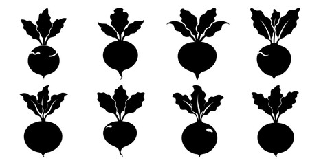 Collection of eight beetroot silhouettes, perfect for farm to table branding, healthy eating campaigns, or vegetarian/vegan recipe illustrations.
