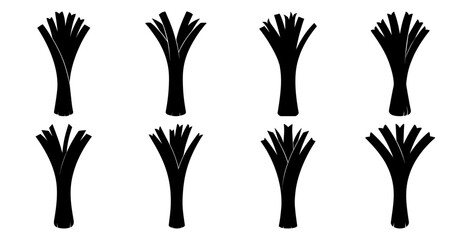 Fototapeta premium Collection of eight leek silhouettes, isolated on white background. Perfect for culinary, farm to table, or healthy eating concepts.