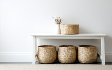 Fototapeta premium Woven Baskets and Dried Flowers on White Bench