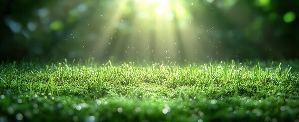 Illuminated Green Grass Under Sunlight with Soft Rays and Dew Droplets Creating a Tranquil Nature Scene in a Fresh Outdoor Environment
