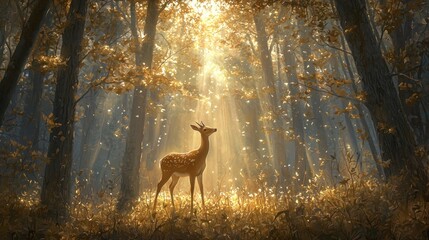 Majestic deer in sunlit autumn forest.