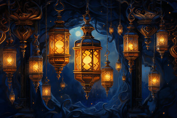Ornate lanterns cast a warm glow over a deep blue and gold backdrop
