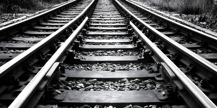 Railway Tracks Photography, Monochrome Rails Picture, Train Track Close-Up Image, Industrial Train Lines, Black and White Tracks Art